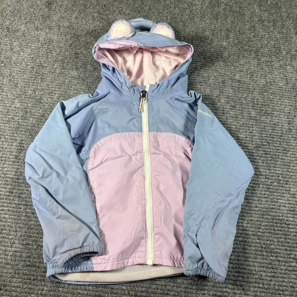 Columbia Kids Blue Pink Animal Ear Hooded Full Zip Windbreaker Jacket 4T